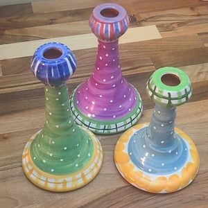Set of 3 Handmade, Handpainted Artisan Dinner Candle Holders